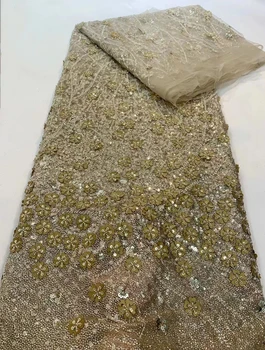 Африканска лейси плат с пайети луксозна бродерия с мъниста ръчна изработка, тънка мрежа лейси кърпа от тензух, Нигерийски сватбена платьеzx75