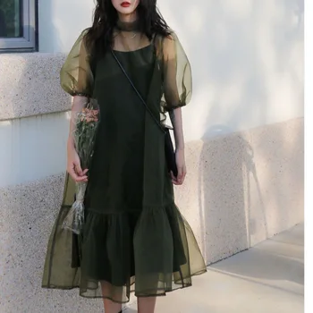 Винтажное Улично рокля Миди с пищни ръкави, Страхотна Японска празнична рокля, дамски Градинска облекло Y2k До 2023 Лято WD252
