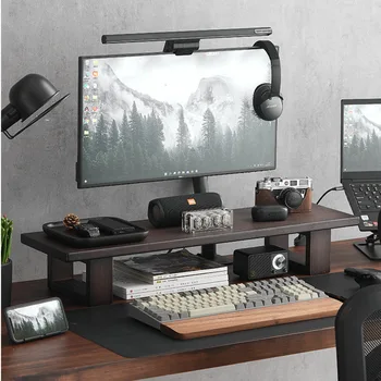 Височина на дисплея, рамка за домашен офис компютър, Разширени рафтове за съхранение, Цвят черно орехово дърво, Тенис на Дисплей, Компютърна часова