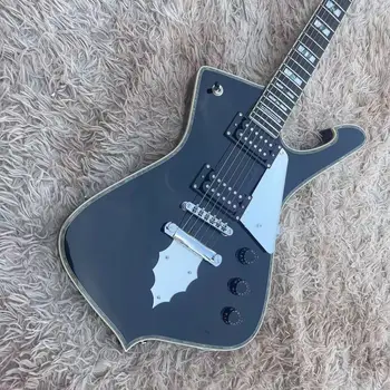 Гетеротипная интегрирана електрическа китара с черен корпус и бяла защита, хастар от палисандрово дърво. Струнен мост LP, аксесоари бял цвят