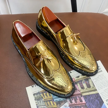 Гореща луксозна марка мъжки модельная обувки, Златни Официалната офис обувки, Мъжки Модни и ежедневни мъжки обувки за младежи, бизнес обувки без обков с пискюли за възрастни