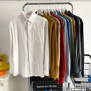 Горещи продажба на мъжки ризи с дълъг ръкав от памук и лен в японски стил, Лятна монофонични Свободен най-Големи Всекидневни Плажен Гърдите джоб H19