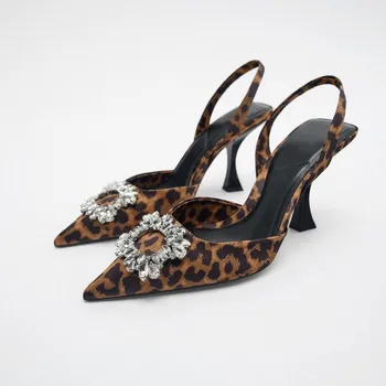 Дамски Леопардовые обувки на висок ток с остър Пръсти, Блестящи Кристали, ТРАФИКА на 2023, Летни модни обувки-лодка на висок ток, с възможност за сгъване на облегалката, Дамски джапанки