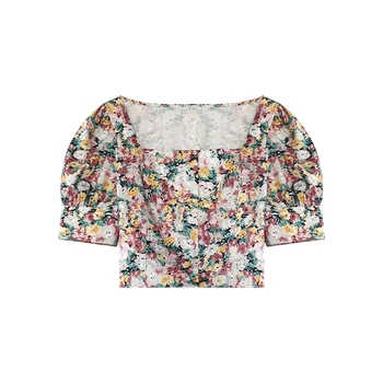 Дамски летни реколта тениски с цветен модел, квадратен яка, буйни къси блузи, Корейската цельнокроеная дрехи, Пролетно ежедневни дамски обувки, скъпа