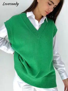 Дамски обикновена възли пуловери с V-образно деколте, Елегантен пуловер без ръкави Голям размер, Есен-зима, всеки ден Свободни Офис дамски Жилетки