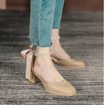 Дамски обувки 2023 г., Модерен пролетно-есенни дамски обувки-лодки, обикновен женски обувки с квадратни пръсти и мъниста дантела с малките си пръсти