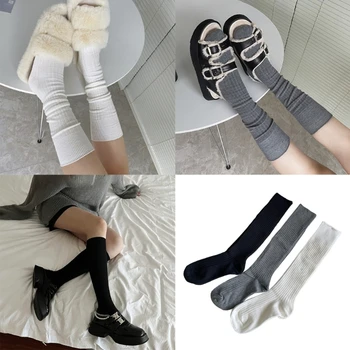 Дамски Памучни чорапи в Корейски стил, монофонични вязаный случайни Чорап в рубчик