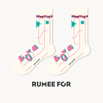 Дамски памучни чорапи с розови принтом, модерен и сладък дамски чорапи със средна дължина, модерни и креативни чорапи-тръби
