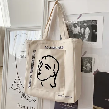 Дамски Холщовая чанта през рамо с принтом Henrimatisse, Дамски Ежедневни чанти-тоут, Памучен Множество плажната чанта за пазаруване с голям капацитет