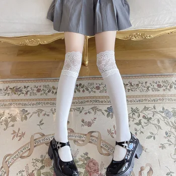 Дамски чорапи в Японски стил, Сладки чорапи за момичета, Черни, бели, до бедрата, JK, Чорапи до коляното с кружевными накъдрен, чорапи в стил Лолита