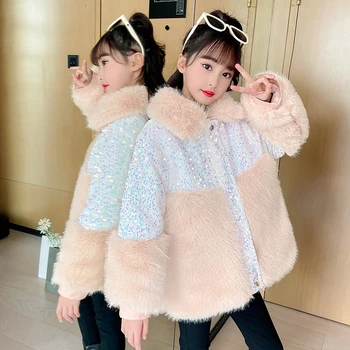 Детски дрехи за момичета, Модерно ново дизайнерско палто с пайети, Детска есенно-зимна кожа на горно облекло, Утолщенное топло мозайка шиене XMP523