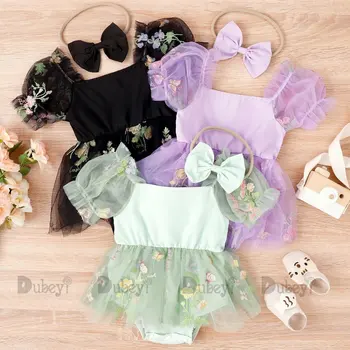 Детски дрехи за момичета от 0 до 12 месеца, с лъкове, с бродерия за новородено, рокля-пакетче с пищни ръкави, Модни дрехи за боди