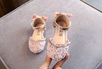 Детски Кожени обувки, Розово танцови обувки Принцеса с лък за момичета, детски студентски обувки на плоска подметка, Детски обувки за изпълнения С кристали подметка