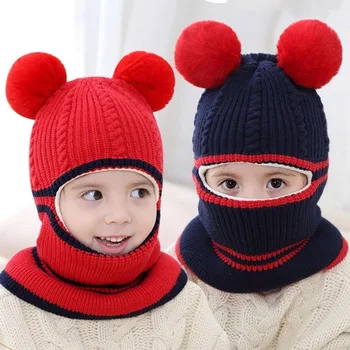 Детски шапки от 1 до 3 години, капор за момчета и момичета, зимата на топло изолирана шапки, детски плетени калъф за шапки със собствени уши за деца, шапки-бини