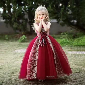 Дълга Рокля с цветя модел от ковано желязо с кърпа за момичета на сватба, детски принцеса, парти, Абитуриентски бал, Рожден Ден, Бални рокли за Първо причастие