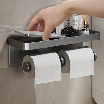 Държач за тоалетна хартия, монтиран на стената двуслойни стойка за ролка хартия с чекмедже за съхранение, органайзер, поставка за телефон, аксесоари за баня