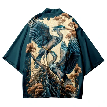 Ежедневното Дамско Кимоно в Японски Стил с принтом журавля, Летни плажни риза, Жилетка Haori 2023, Мъжки Традиционна Юката Оверсайз 4XL