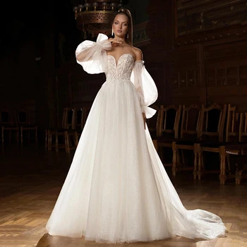 Елегантни Сватбени рокли Трапецовидна форма Eightree, Бяла Сватбена рокля от лъскава тюл с пищни ръкави, Вечерни сватбени рокли Принцеса, Размер на поръчка
