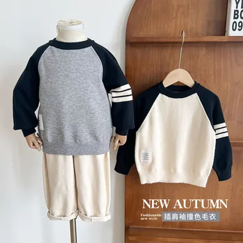 Есенен детски дрехи 2023 Година, Универсален пуловер в контрастен цвят за момчета, Модерен детски пролетно-есенен пуловер с ръкави raglan
