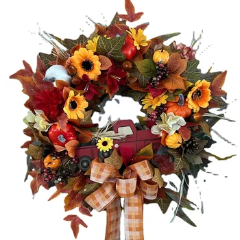 Есенни цветове, хортензия за Деня на Благодарността, кленов лист, венец от борови шишарки, червен автомобилна врата с подсолнухом, 50 см, подвесное украса за Хелоуин
