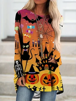 Есенно-зимни дамски hoody на Хелоуин с кръгло деколте и дълъг ръкав, 3D забавен принт на Хелоуин, Градинска мода в стил хип-хоп, hoody Y2K