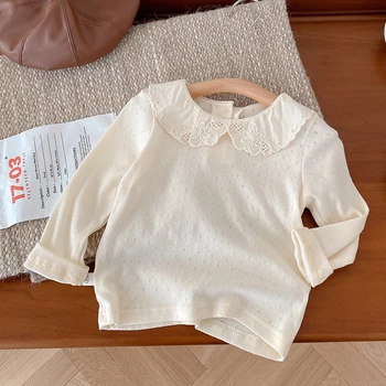 Есенно-пролетно детски дрехи в корейски стил, Памук обикновен пуловер с дантелен отстрочкой топ с дълги ръкави риза, Детска тениска, тениска за деца