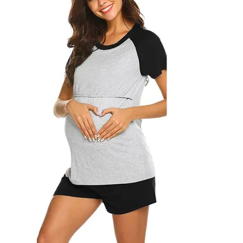 Жена пижамный комплект за бременни и кърмещи гърдите, къс ръкав, Лоскутная ежедневни тениска за хранене на бебето, Потник + шорти, обикновена панталони, пижами