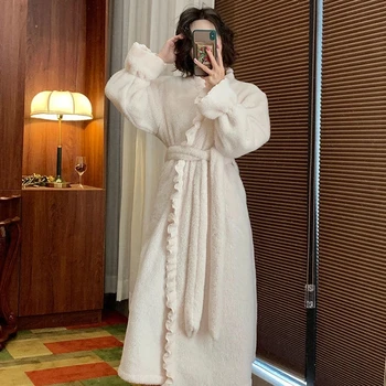 Жена Фланелевый халат за баня, Зимна Монофонични халат с волани, Без Женски халат в Корейски стил, Домашни дрехи от руно с дълъг ръкав За жени