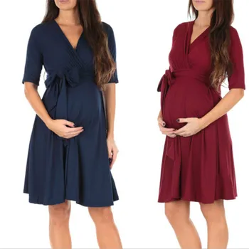 Женствена рокля за бременни с изкуствена обвивка с регулируем колан, рокли за бременни с V-образно деколте, Ежедневна рокля за кърмене