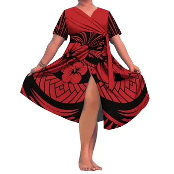 Женствена рокля с висока талия и шнур в полинезийски стил на племето, Рокля миди с V-образно деколте, елегантна вечерна рокля