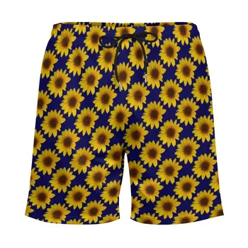 Забавни плажни шорти с подсолнухом, летни ярко жълти плажни шорти с флорални принтом, Мъжки шорти за плуване с Гавайским дизайн, Извънгабаритни топене
