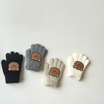 Зимни топли плетени калъф за ръкавици с анимационни мечка, детски ръкавици без пръсти за момчета и момичета, възли плетени ръкавици с пълни пръсти