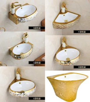 Златни Мини-керамичен стенен монтаж с мивка ъглова мивка за малък апартамент, Малка мивка, Триъгълни, с монтиран на стената мивка
