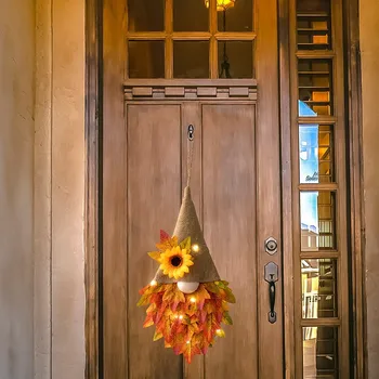 Изкуствен слънчоглед, Кленов лист, Безлични Джудже, Венец, украса за парти в чест на Хелоуин, Деня на Благодарността, есен украса за дома, окачване