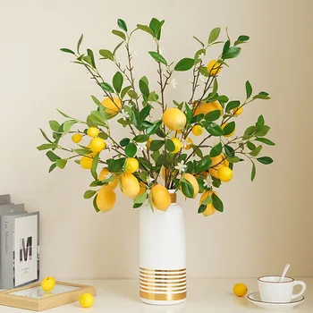 Изкуствени жълти плодове лимон с бели цветя, Растения за лимонада, Изкуствени листа, Начало декор, 3 глави, 6 глави, глави 7