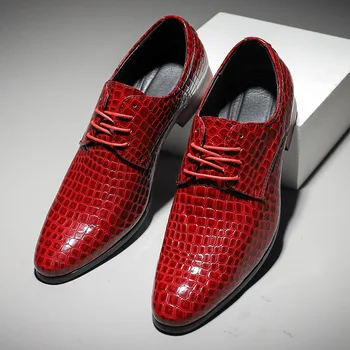 Италианската Марка Червен Мъжки обувки от крокодилска кожа, Класически, Луксозни Вечерни Модела обувки, Мъжки Кожени обувки-Oxfords, Модерни Сватбени обувки с остър пръсти