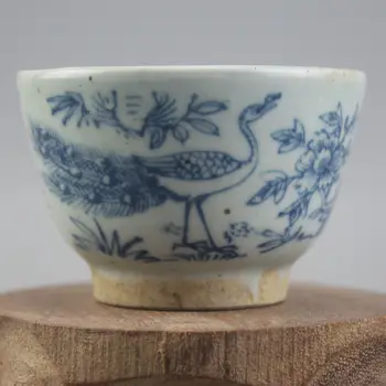 Китайски година Мин Ванли, Синьо-бялата порцеланова купа с цветя и птици, 2.8 инча