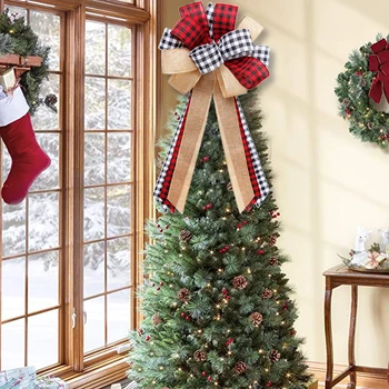 Коледа коледа в цилиндър, Коледен венец, Дълга клетчатая лента за коледна украса на ферма, Домашен декор