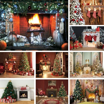 Коледен декоративен фон от изкуствена камина Снимка Коледно дърво, огън за изгаряне Снимка Фон Коледа интериор Стени