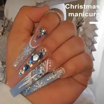Коледен Комплект Фалшиви нокти, Определени за Изкуствени нокти, Сверкающая Снежинка, Балетные Накладки, Блестящи Кристали за Жени за Вкъщи