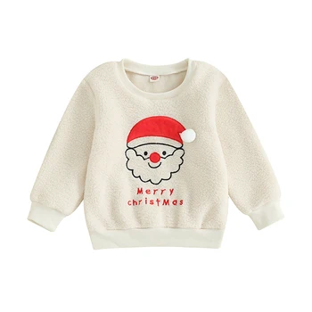 Коледни Свитшоты за деца, мек вълнен плат пуловер с бродерия на Дядо Коледа, блузи, бебешки дрехи