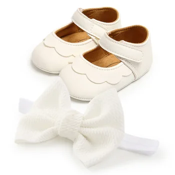 Комплекти за ежедневието кожени обувки за малки момичета с превръзка на главата, Нескользящая обувки за новородено в удобна гумена подметка