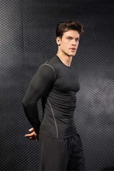 Компресиране бързосъхнеща спортна мъжка тениска за фитнес в прилепнал за бягане във фитнеса, ежедневна мъжка тениска с дълъг ръкав за фитнес