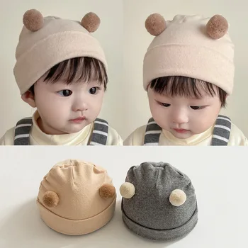 Корейска детска Есенно-зимна шапка с хубав мечка, топла шапка за новородено, Детска Шапчица, обикновена меки Памучни шапки за малки момичета и момчета