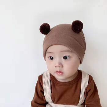 Корейска детска Есенно-зимна шапка с хубав мечка, топла шапка за новородено, Детска Шапчица, обикновена меки Памучни шапки за малки момичета и момчета