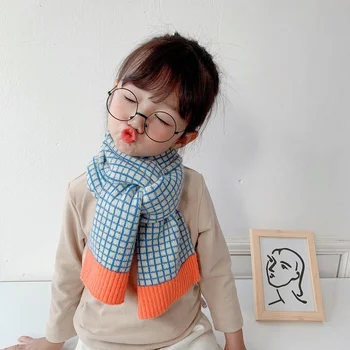 Корейската версия, Малък контрастен детски Вълнен шал с решетка, Есен-зима, на Новост, Топъл шал за малки момичета и момчета