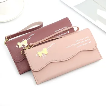 Корейската версия на новия женски чантата е дълга ръчна чанта с магнитна тока и лък, мултифункционален портфейл с няколко карти, портмонета за жени