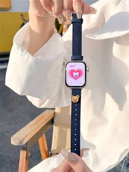 Корейски Кожена каишка изработени от Деним, с сладък Мечок За iWatch Ultra 8 7 6 5 4 3 SE, женски гривна-каишка За Apple Watch 44 42 41 40 45 38 49 мм