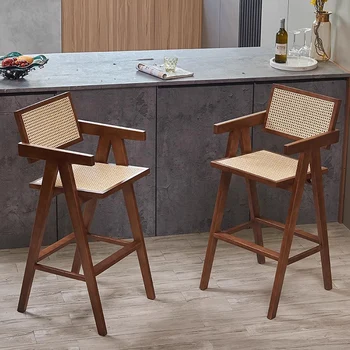 Кухненски бар стол с висока облегалка, Модерен дървен бар стол в скандинавски стил от ратан, Подсилен Дизайн, Луксозни Столове за Бар, Стоки за дома