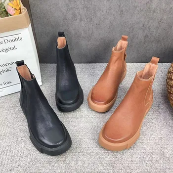 Къси дамски обувки Birkuir в Ретро стил, есен 2023, Луксозни обувки от естествена кожа върху плоска подметка, Ботуши Челси, Елегантни ботильоны без закопчалка